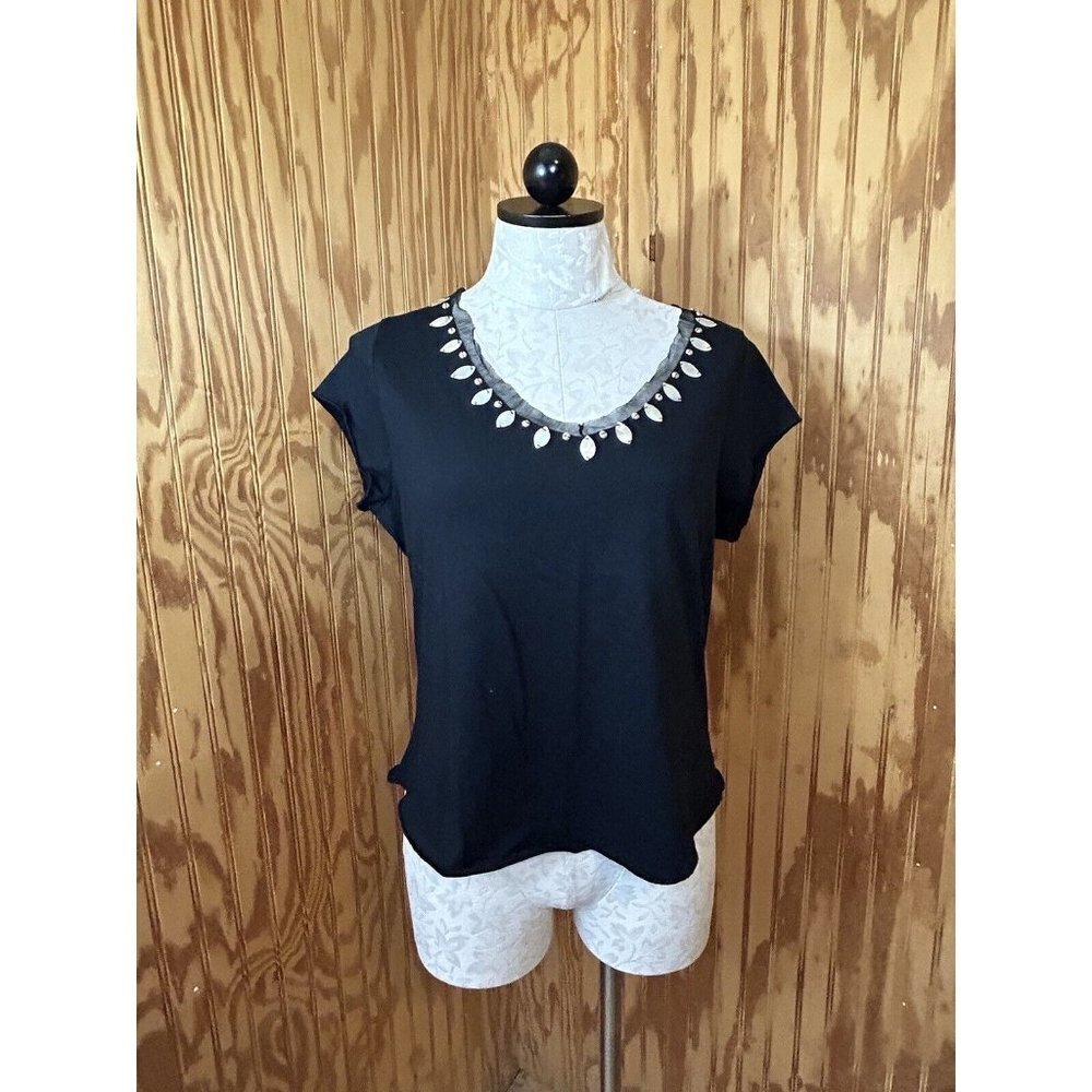 August Silk Women's Short Sleeve Black Cotton Top Shell & Pearl Accent Sz L NWT